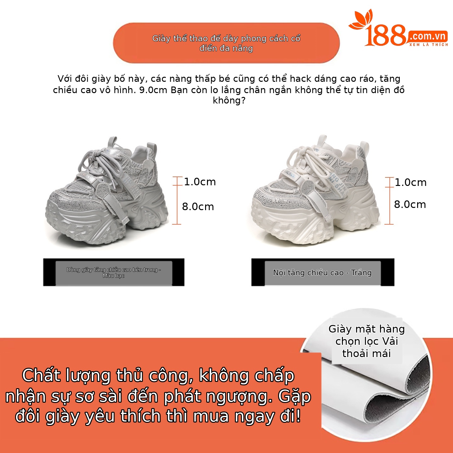 Giày sneaker nữ đế dày tăng chiều cao đính đá lưới thoáng khí — màu trắng