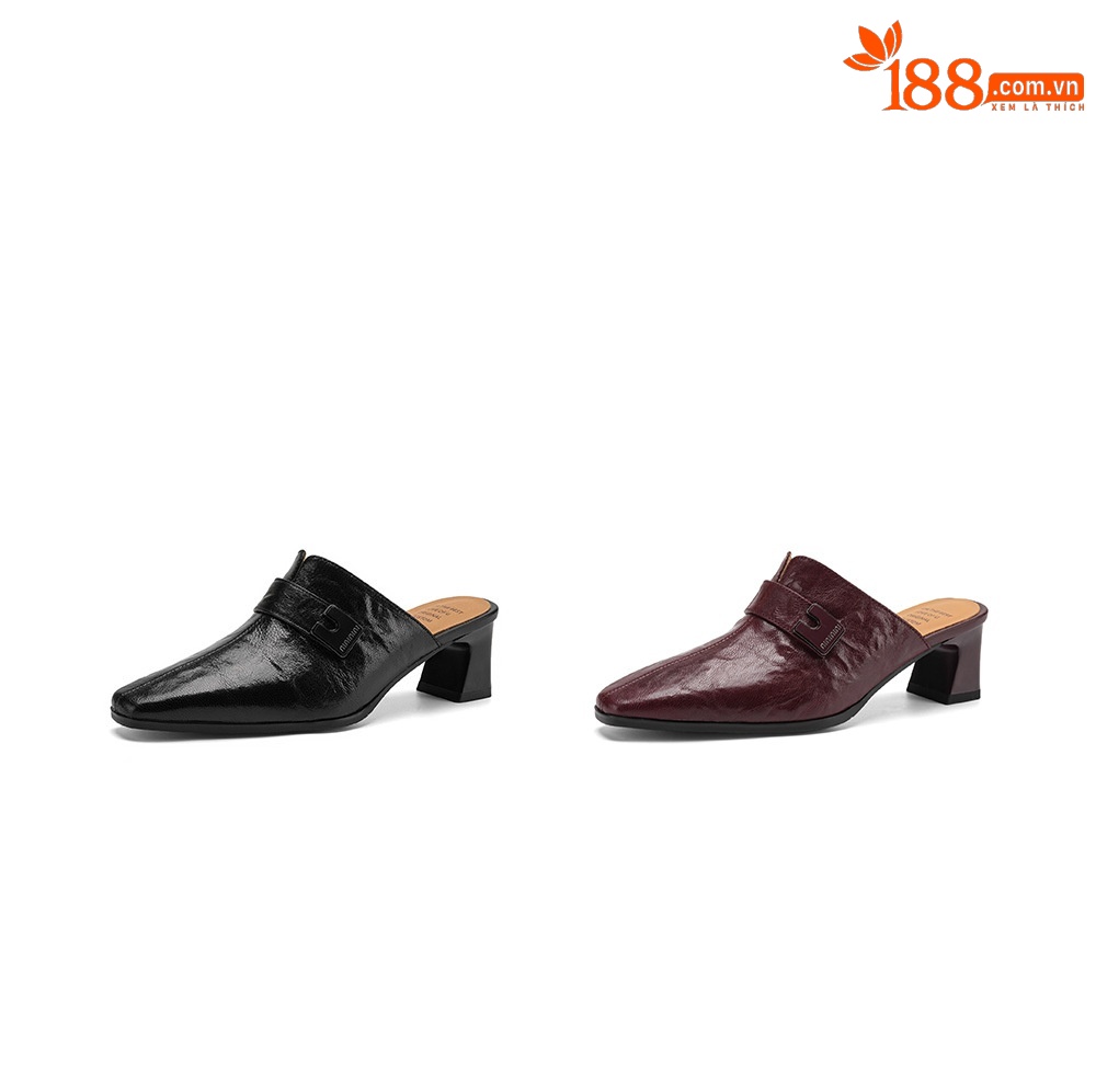Dép sandal cao gót nữ mũi nhọn quai ngang da dê gót thô 5 cm — đen chi tiết 3