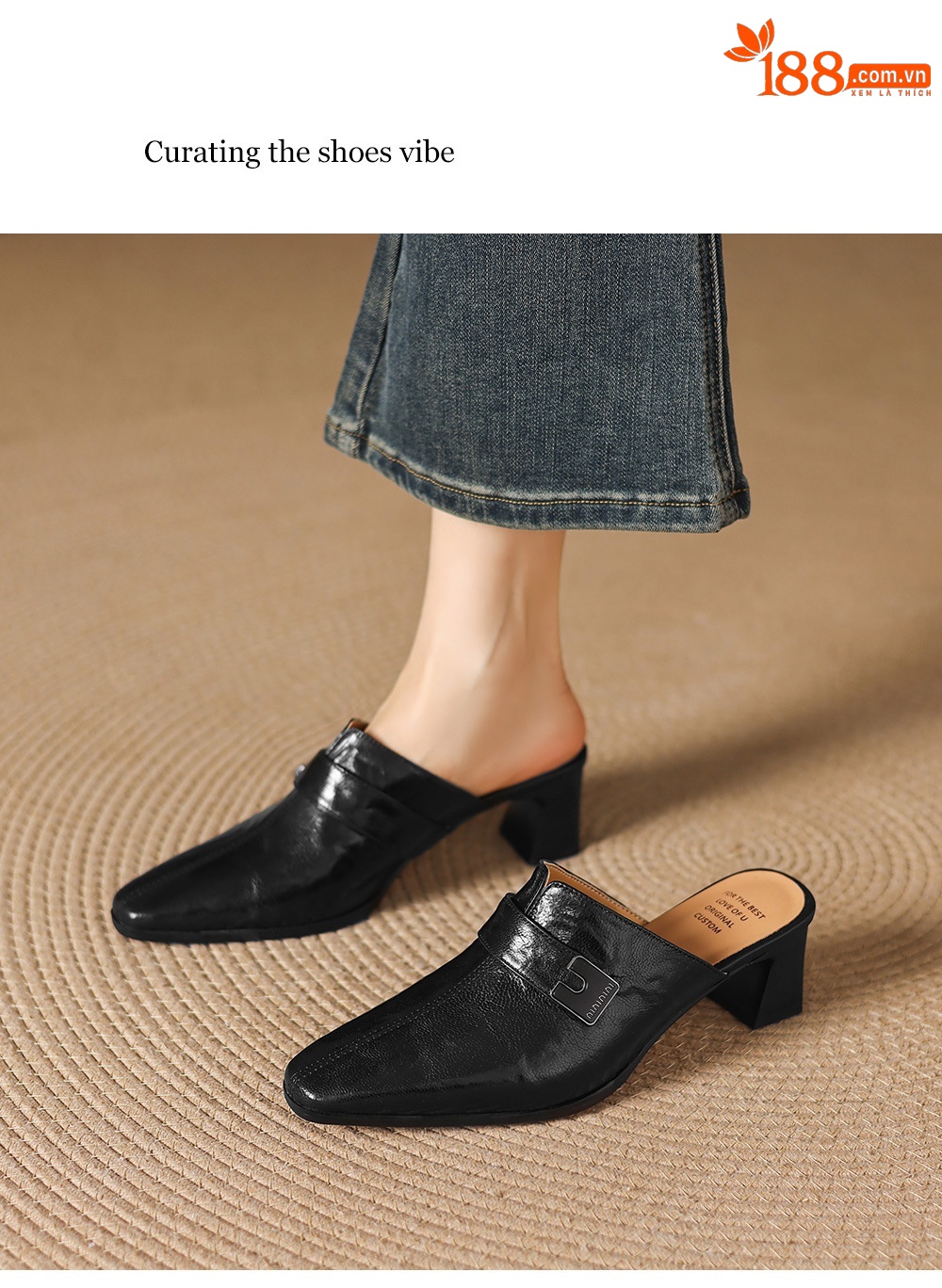Dép sandal cao gót nữ mũi nhọn quai ngang da dê gót thô 5 cm — đen chi tiết 7