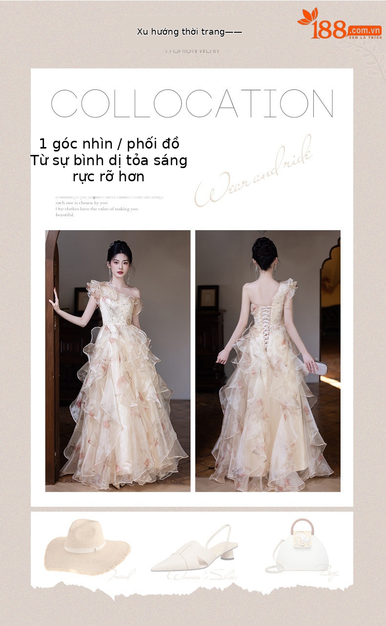 Đầm maxi nữ thắt eo kiểu công chúa tay phồng, cổ lệch vai, phong cách sang trọng — Màu ảnh chi tiết 3