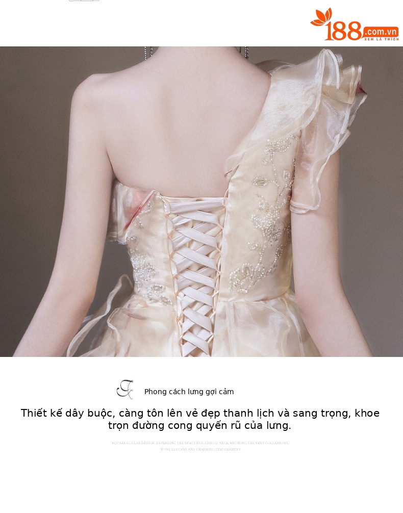 Đầm maxi nữ thắt eo kiểu công chúa tay phồng, cổ lệch vai, phong cách sang trọng — Màu ảnh chi tiết 4