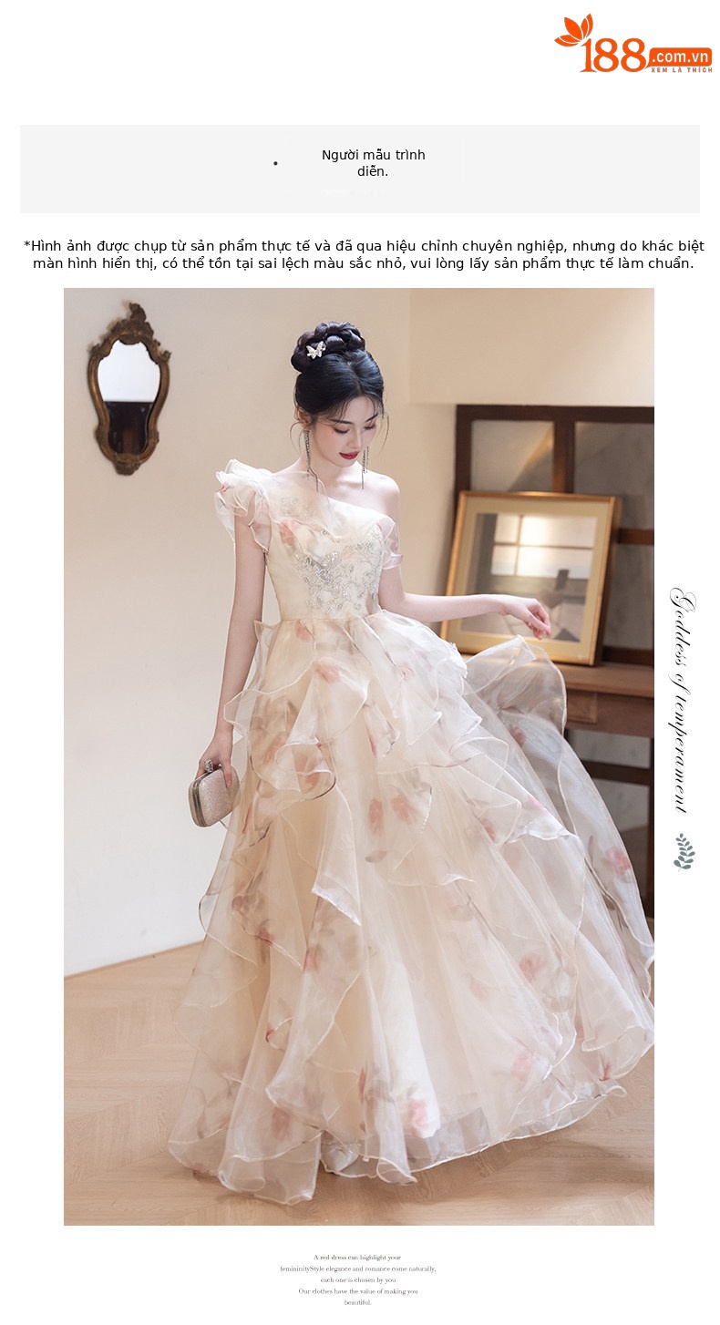 Đầm maxi nữ thắt eo kiểu công chúa tay phồng, cổ lệch vai, phong cách sang trọng — Màu ảnh chi tiết 6