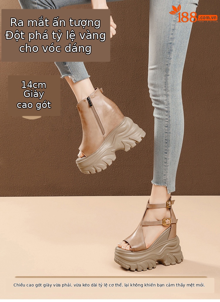 Sandal cao gót nữ mũi hở phong cách La Mã đế xuồng gót 14 cm — màu nâu, màu đen chi tiết 3