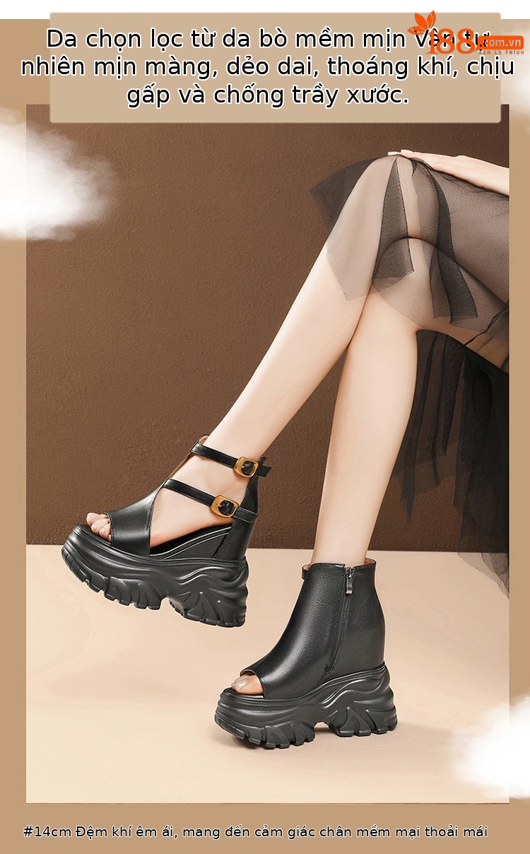 Sandal cao gót nữ mũi hở phong cách La Mã đế xuồng gót 14 cm — màu nâu, màu đen chi tiết 5
