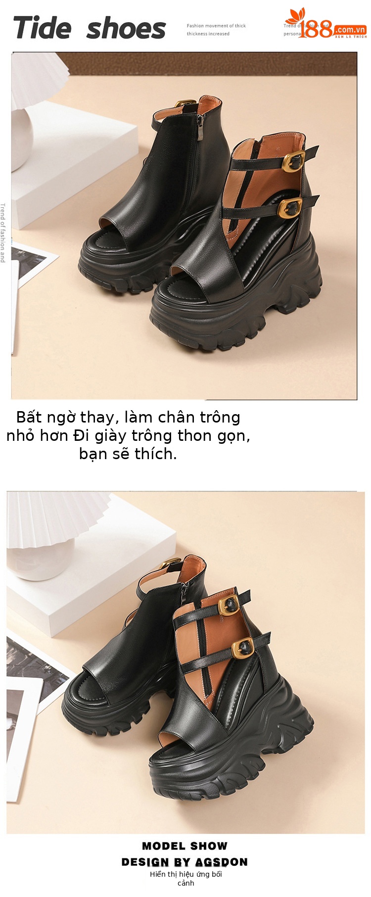 Sandal cao gót nữ mũi hở phong cách La Mã đế xuồng gót 14 cm — màu nâu, màu đen chi tiết 8