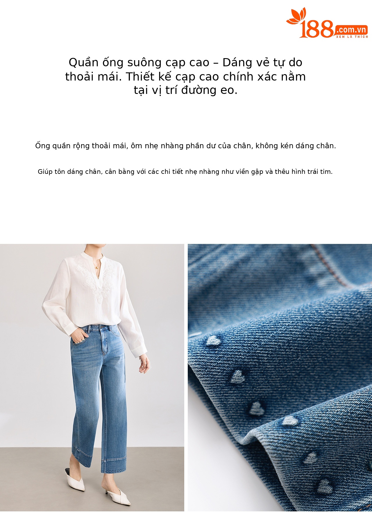 Quần jean ống rộng nữ in hình trái tim, co giãn bốn chiều, dáng suông thoải mái — xanh lam chi tiết 8