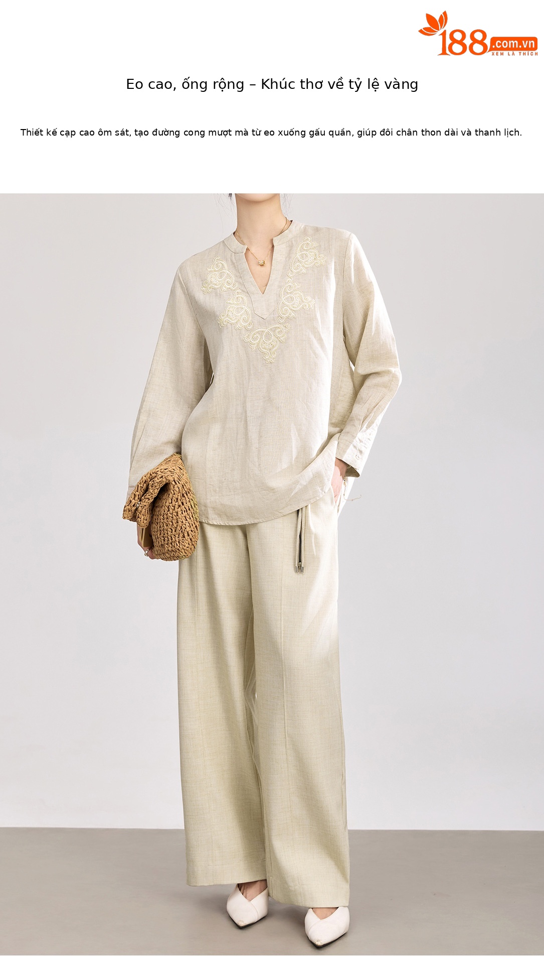 Quần culottes nữ ống rộng cạp cao kèm thắt lưng dệt bản to — màu đen chi tiết 5