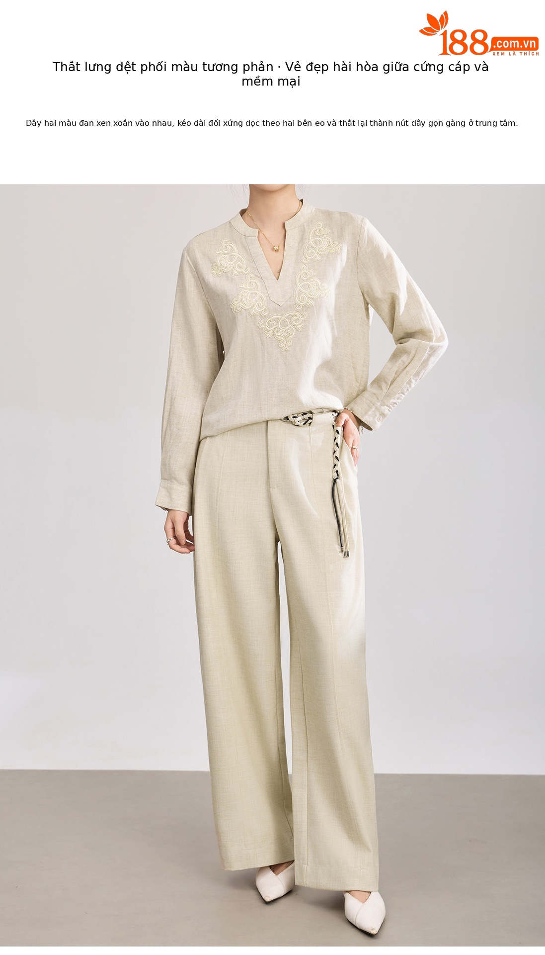 Quần culottes nữ ống rộng cạp cao kèm thắt lưng dệt bản to — màu đen chi tiết 6