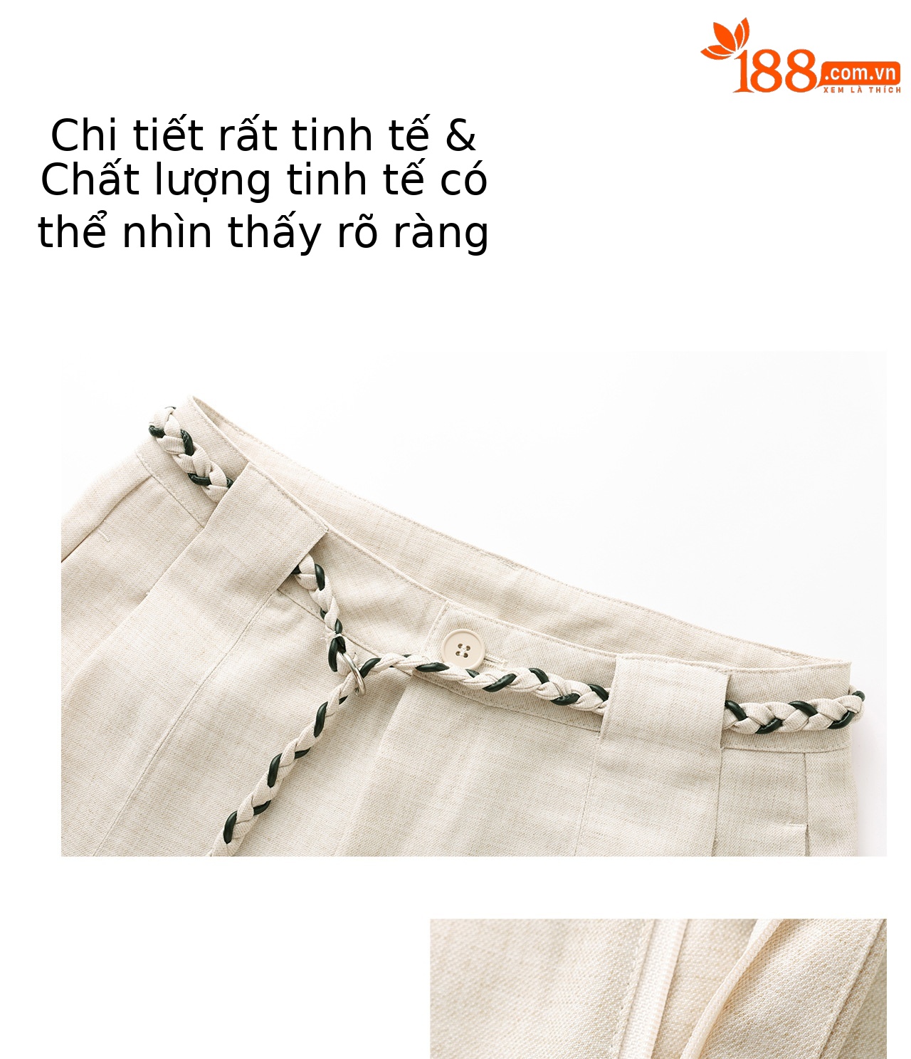 Quần culottes nữ ống rộng cạp cao kèm thắt lưng dệt bản to — màu đen chi tiết 7