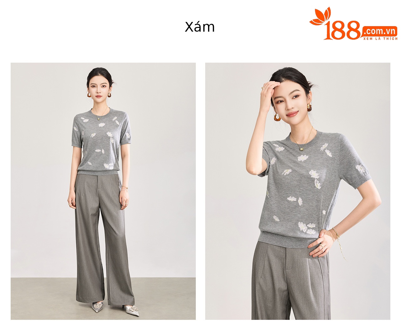Áo thun cổ tròn len merino siêu mịn thêu hoa — màu trắng ngà chi tiết 17