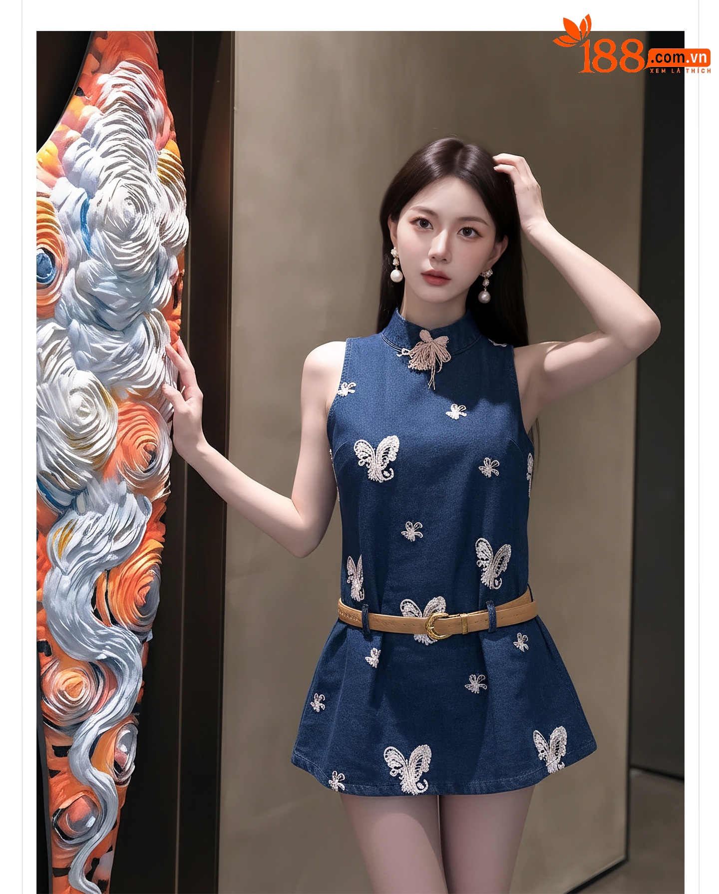 Bộ quần short jean nữ lưng cao kèm áo vest không tay phong cách Tân Trung Hoa — bộ đồ, Trang chủ, quần đùi chi tiết 4