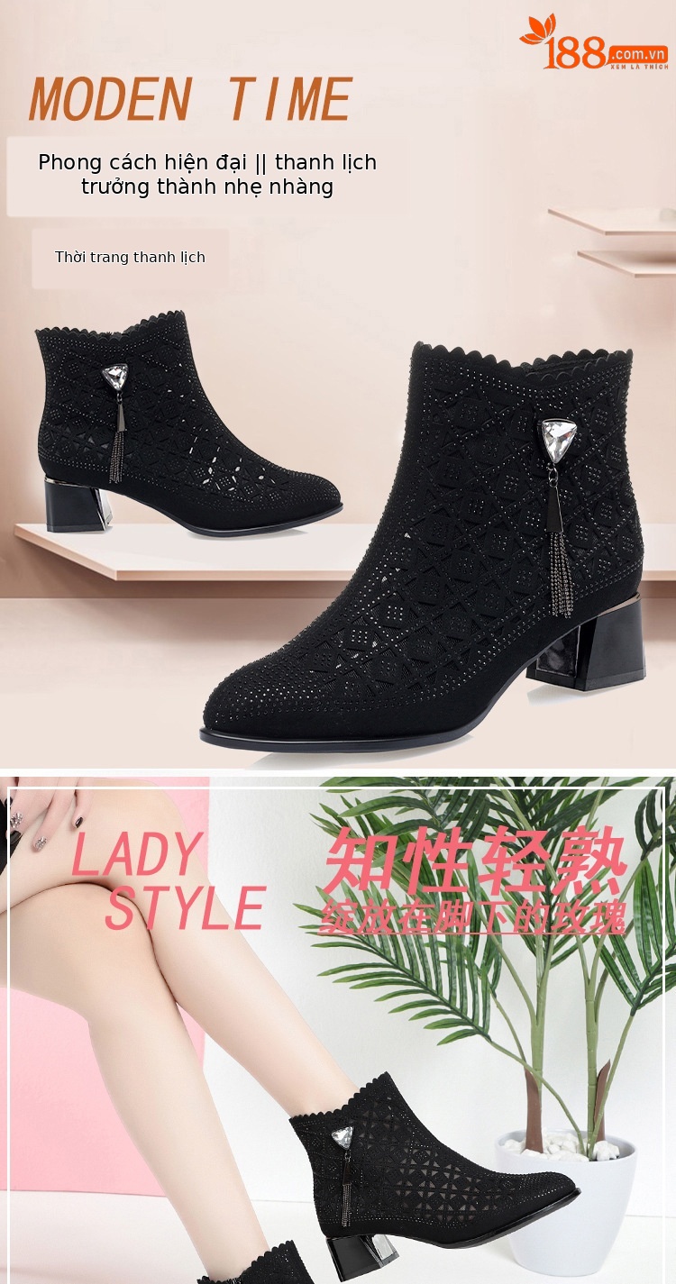 Boot cổ thấp nữ da lưới gót thô thoáng khí, đính đá lấp lánh — màu đen chi tiết 1