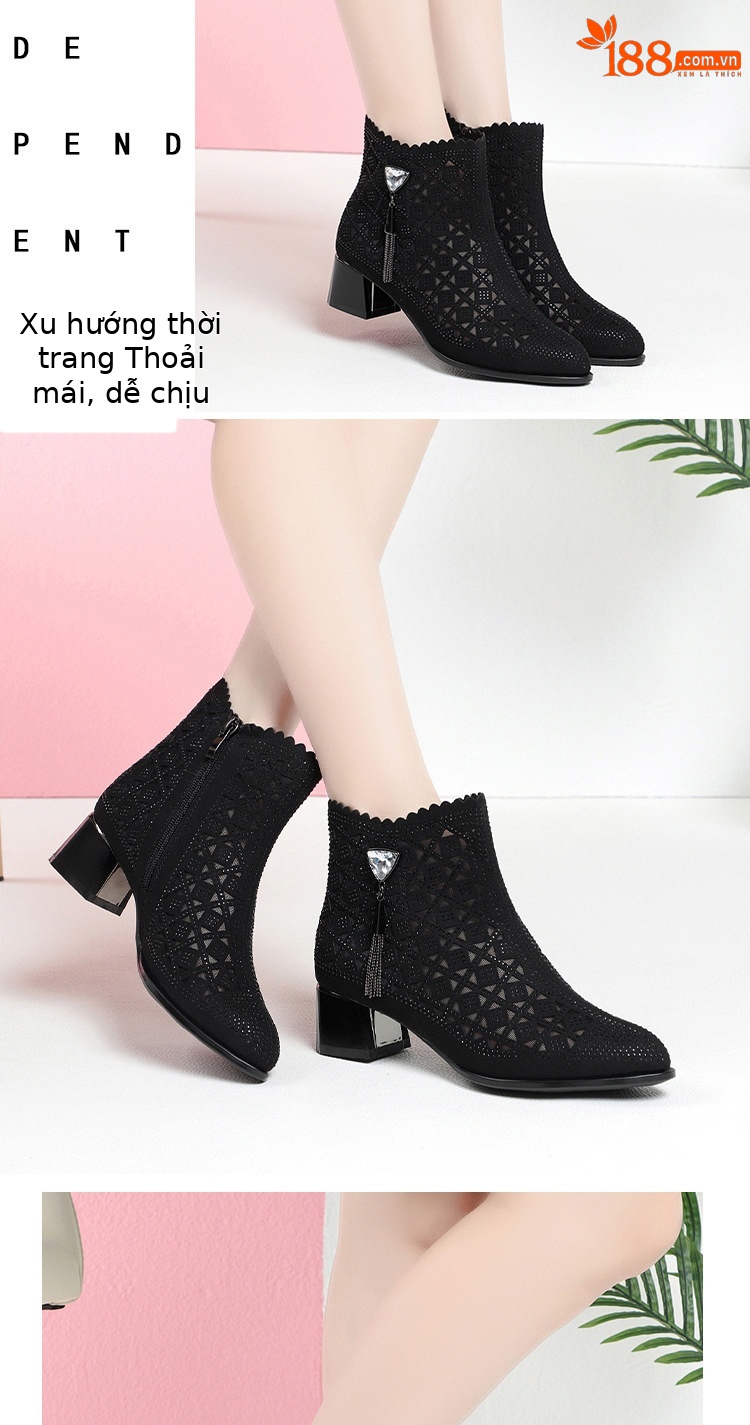 Boot cổ thấp nữ da lưới gót thô thoáng khí, đính đá lấp lánh — màu đen chi tiết 7