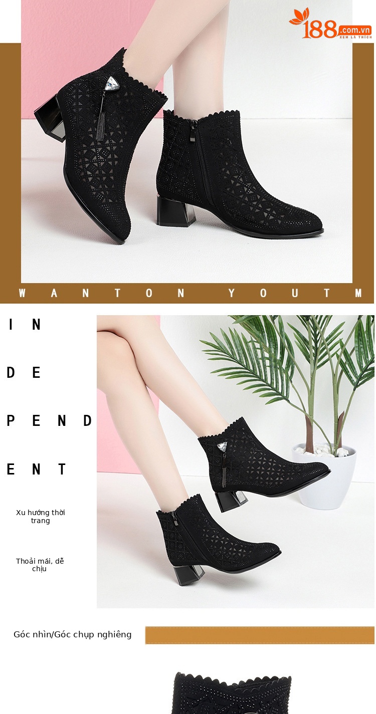Boot cổ thấp nữ da lưới gót thô thoáng khí, đính đá lấp lánh — màu đen chi tiết 8
