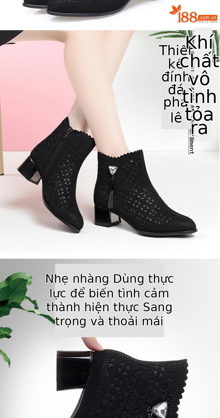 Boot cổ thấp nữ da lưới gót thô thoáng khí, đính đá lấp lánh — màu đen chi tiết 2