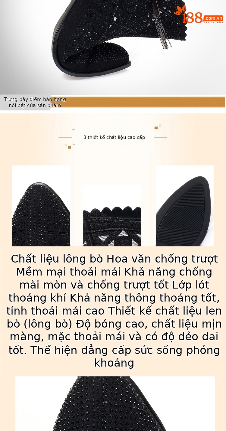 Boot cổ thấp nữ da lưới gót thô thoáng khí, đính đá lấp lánh — màu đen chi tiết 3