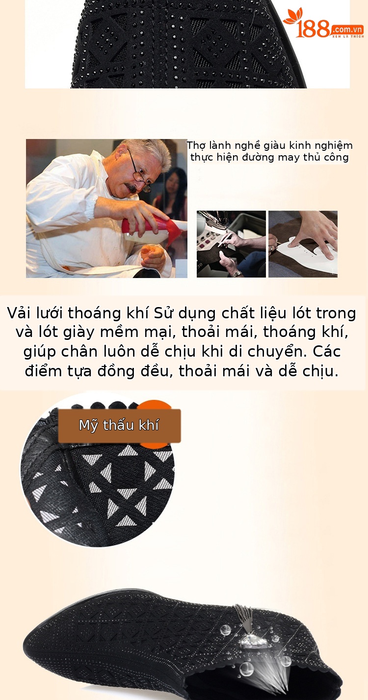 Boot cổ thấp nữ da lưới gót thô thoáng khí, đính đá lấp lánh — màu đen chi tiết 4