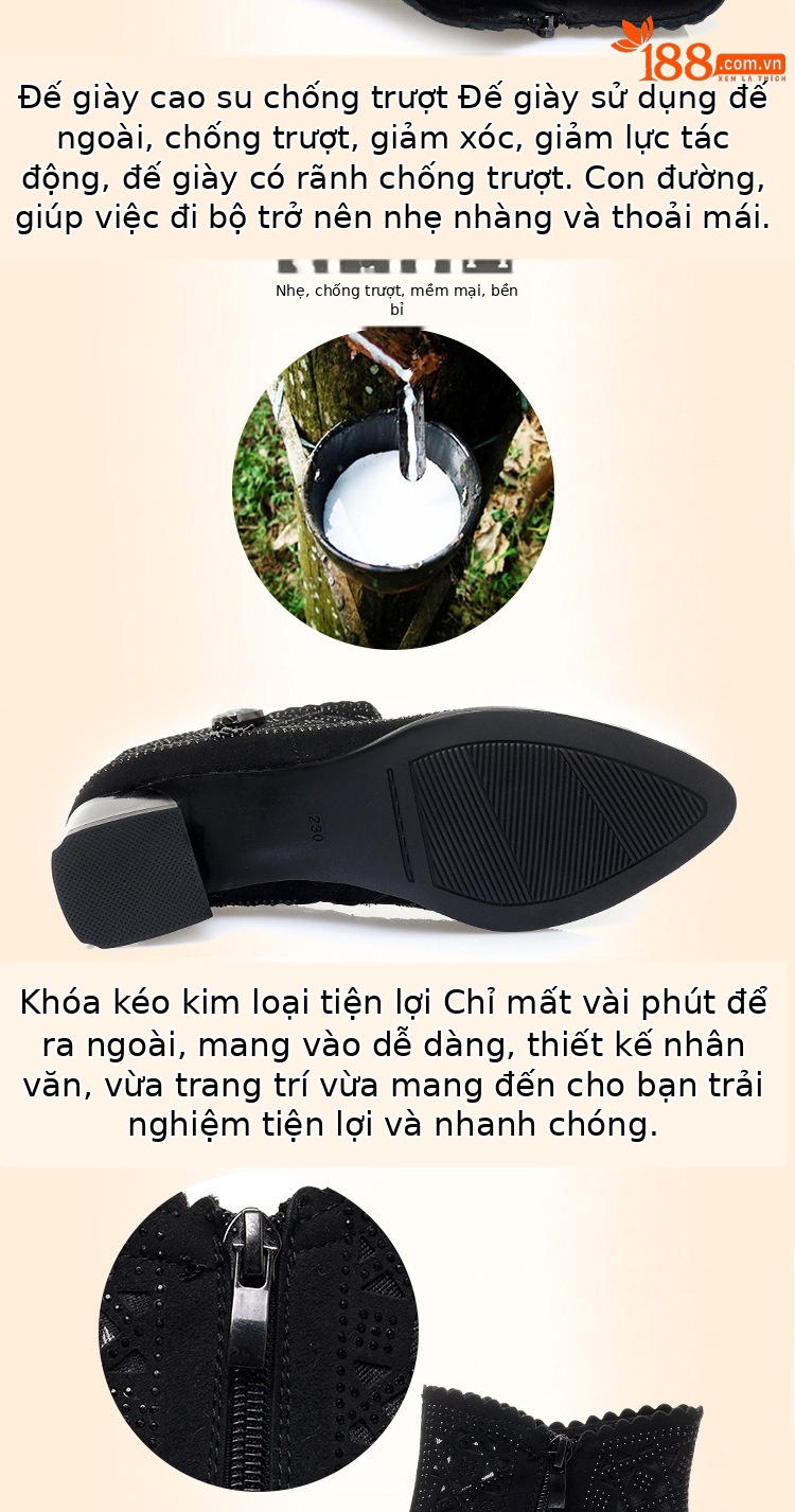 Boot cổ thấp nữ da lưới gót thô thoáng khí, đính đá lấp lánh — màu đen chi tiết 5