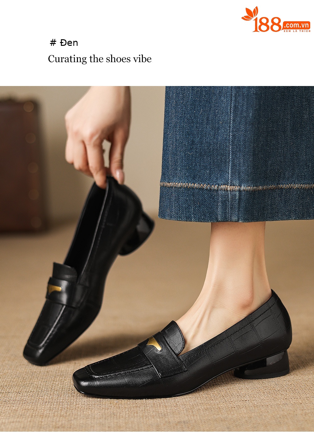 Giày loafer nữ da dê mũi vuông gót thấp kiểu cổ điển — đen chi tiết 14