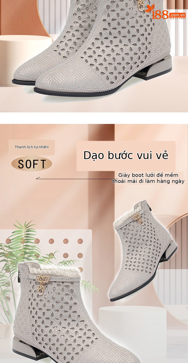 Sandal nữ da thật quai chữ V đế thấp gót 4.5 cm lưới thoáng khí — Đen【Gót trung 4.5cm】 chi tiết 2