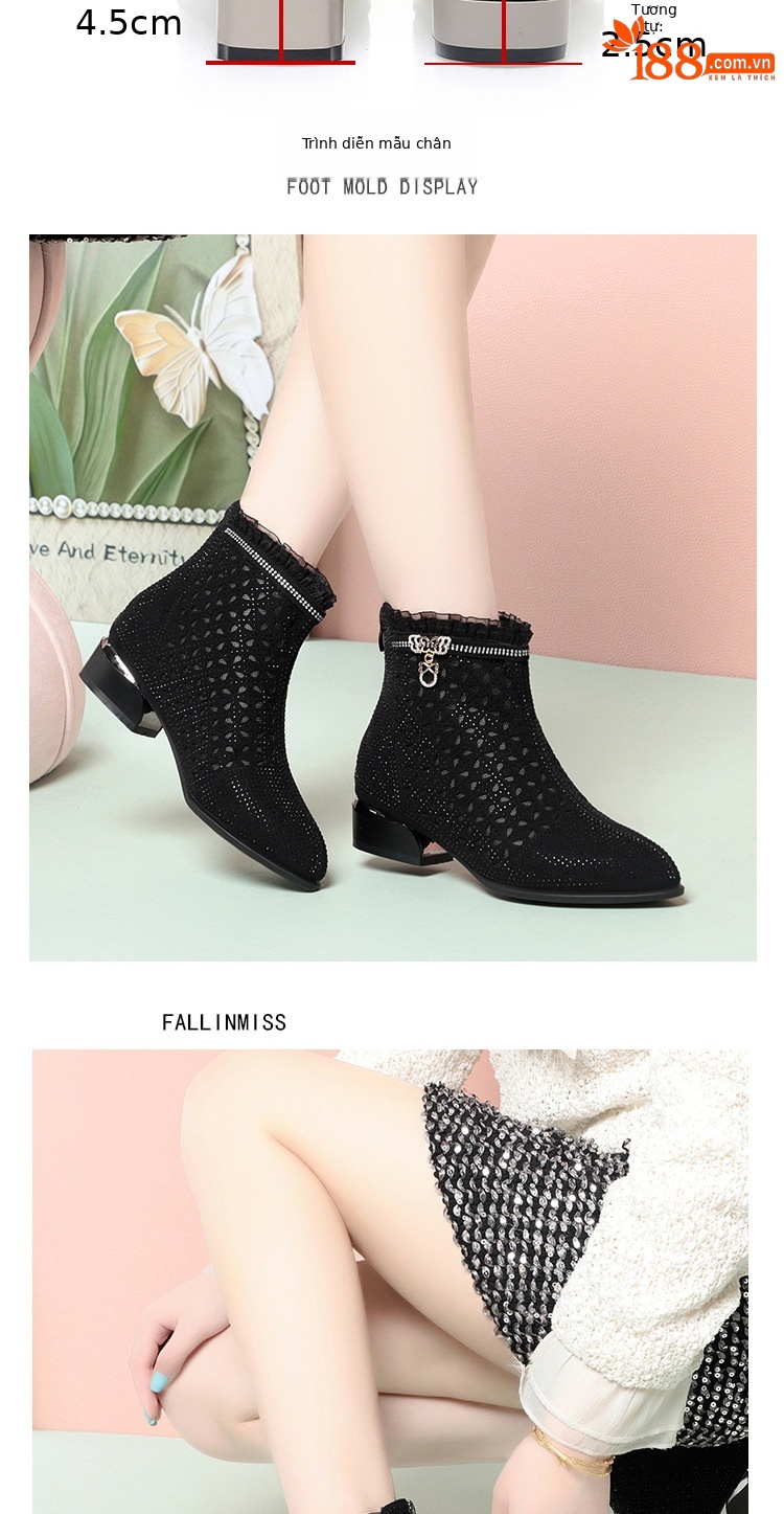 Sandal nữ da thật quai chữ V đế thấp gót 4.5 cm lưới thoáng khí — Đen【Gót trung 4.5cm】 chi tiết 5