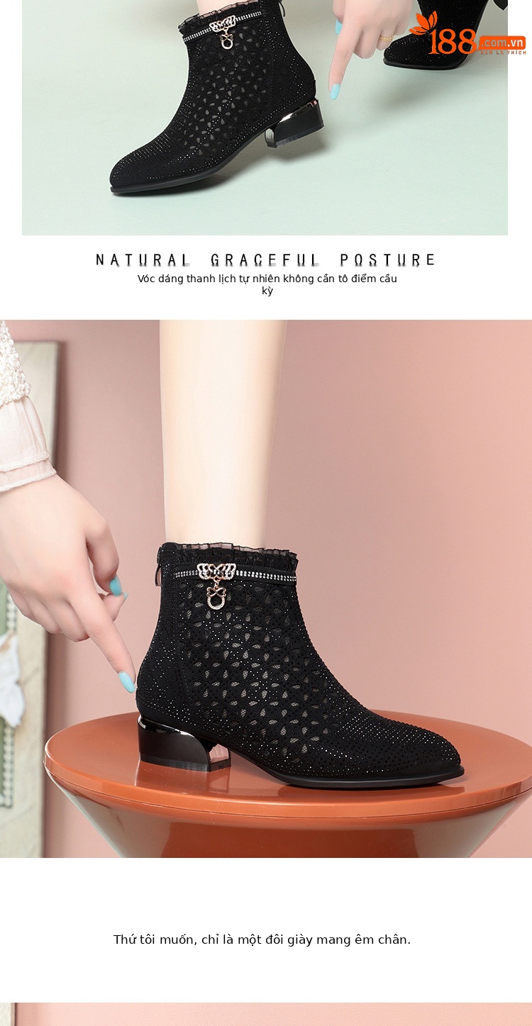 Sandal nữ da thật quai chữ V đế thấp gót 4.5 cm lưới thoáng khí — Đen【Gót trung 4.5cm】 chi tiết 6