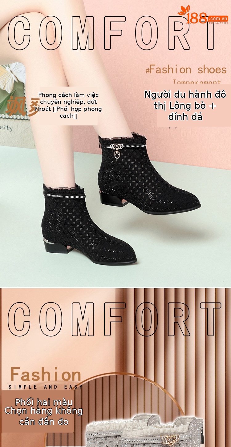Sandal nữ da thật quai chữ V đế thấp gót 4.5 cm lưới thoáng khí — Đen【Gót trung 4.5cm】 chi tiết 1