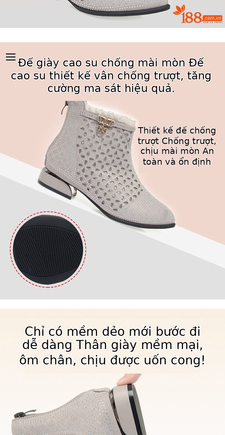 Sandal nữ da thật quai chữ V đế thấp gót 4.5 cm lưới thoáng khí — Đen【Gót trung 4.5cm】 chi tiết 3