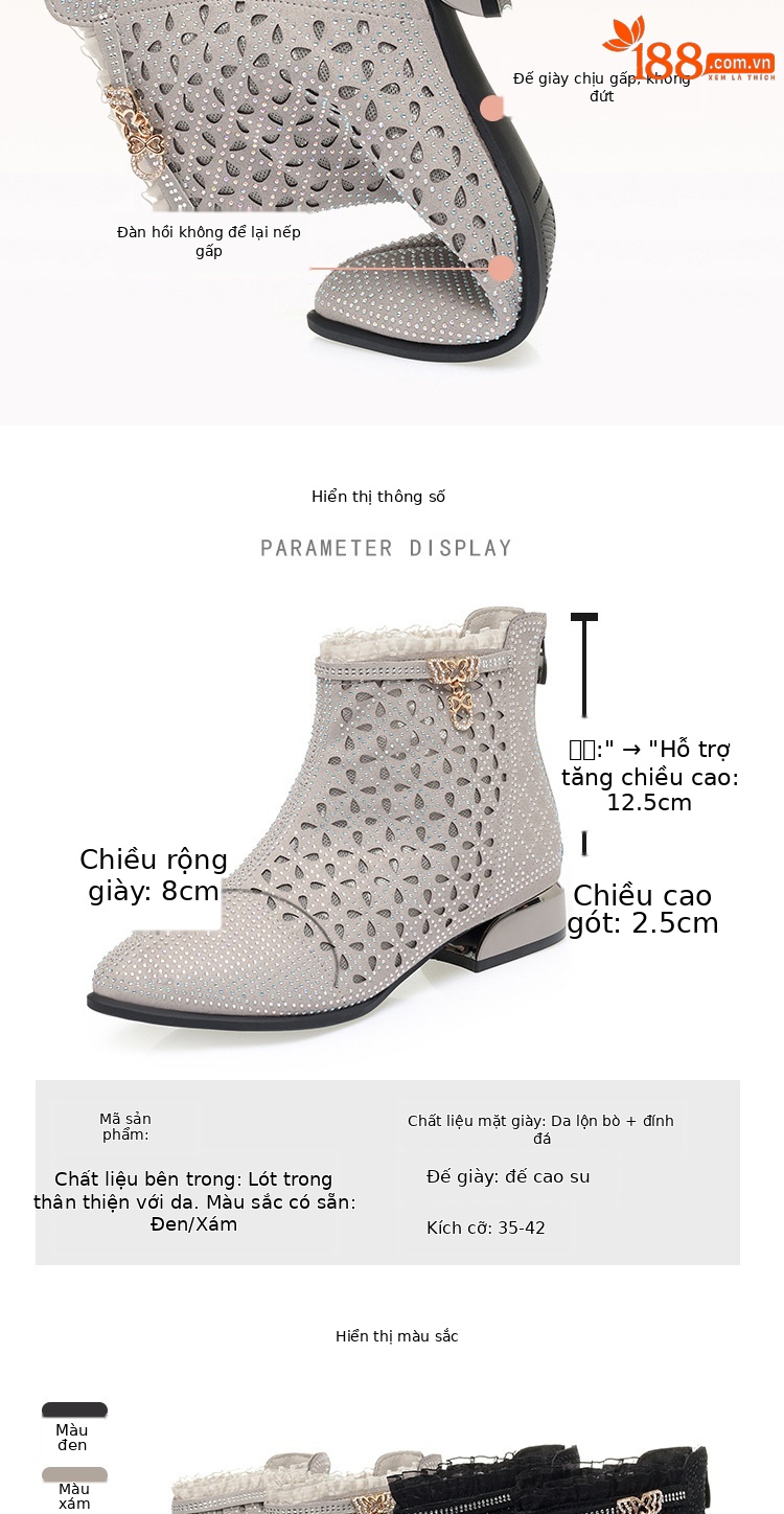 Sandal nữ da thật quai chữ V đế thấp gót 4.5 cm lưới thoáng khí — Đen【Gót trung 4.5cm】 chi tiết 4