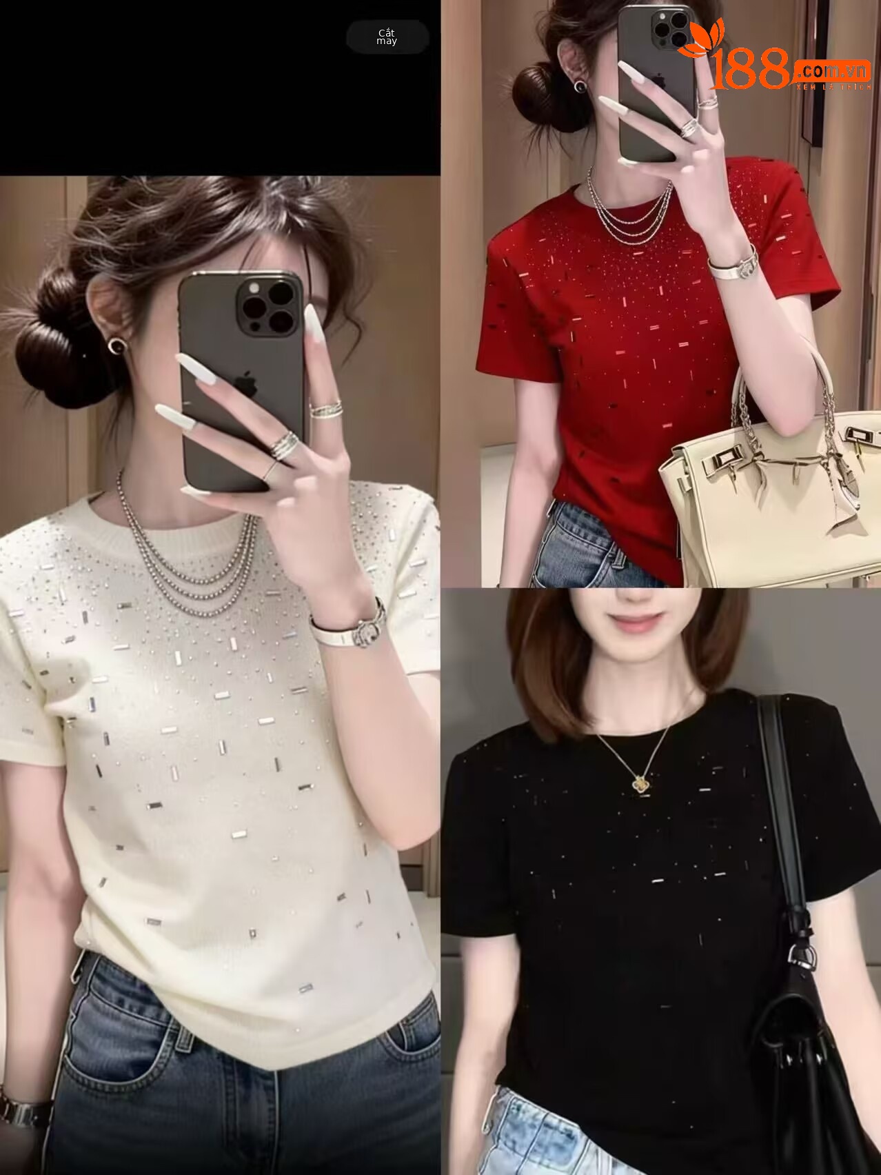 Áo thun nữ cổ tròn tay ngắn rộng thùng thình, đính đá lấp lánh — đen chi tiết 1