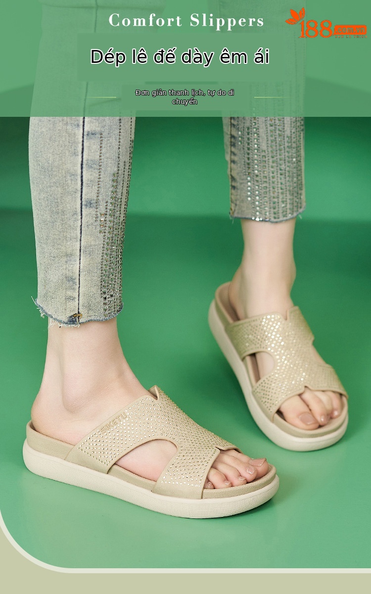 Dép sandal nữ xỏ ngón đế bệt đính đá lấp lánh phong cách Hàn Quốc — màu đen, màu hồng, màu mơ chi tiết 1