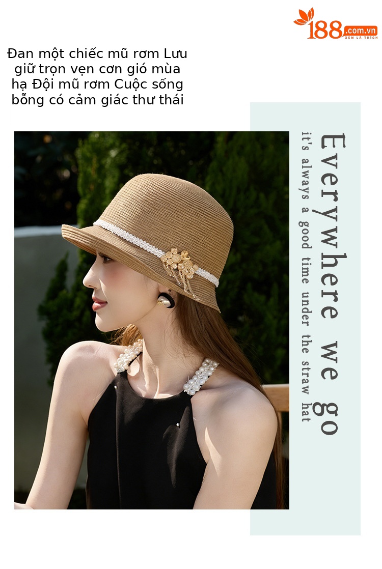 Mũ rơm chống nắng nữ phong cách Chanel, nơ satin ren, trang trí hoa sơn trà, vành rộng che nắng — màu be chi tiết 5