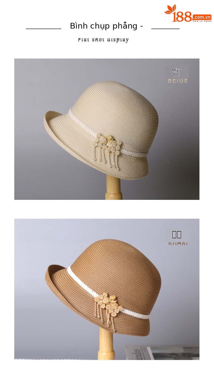Mũ rơm chống nắng nữ phong cách Chanel, nơ satin ren, trang trí hoa sơn trà, vành rộng che nắng — màu be chi tiết 9
