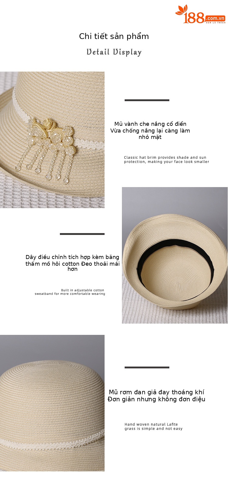 Mũ rơm chống nắng nữ phong cách Chanel, nơ satin ren, trang trí hoa sơn trà, vành rộng che nắng — màu be chi tiết 3