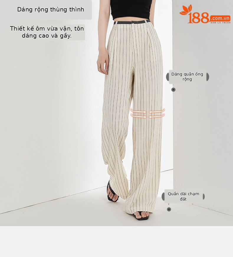 Quần culottes nữ ống rộng vải lanh sọc dọc, cạp cao phối màu, dáng suông thoáng mát — Vải gai sọc chi tiết 14