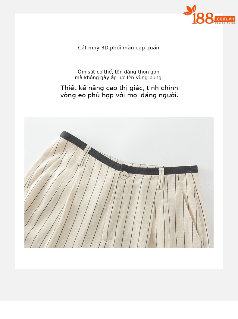 Quần culottes nữ ống rộng vải lanh sọc dọc, cạp cao phối màu, dáng suông thoáng mát — Vải gai sọc chi tiết 15