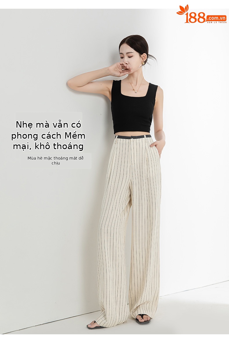 Quần culottes nữ ống rộng vải lanh sọc dọc, cạp cao phối màu, dáng suông thoáng mát — Vải gai sọc chi tiết 16