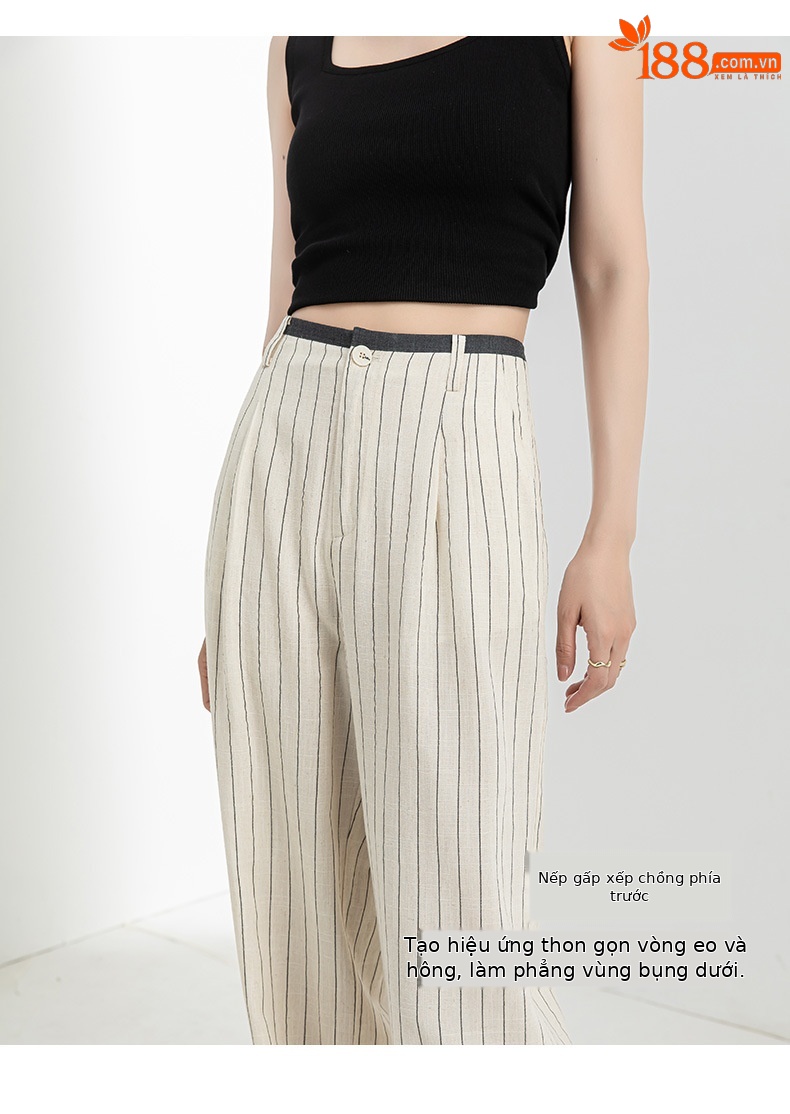 Quần culottes nữ ống rộng vải lanh sọc dọc, cạp cao phối màu, dáng suông thoáng mát — Vải gai sọc chi tiết 17
