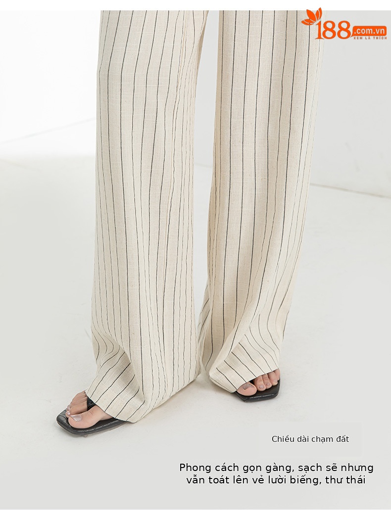 Quần culottes nữ ống rộng vải lanh sọc dọc, cạp cao phối màu, dáng suông thoáng mát — Vải gai sọc chi tiết 18