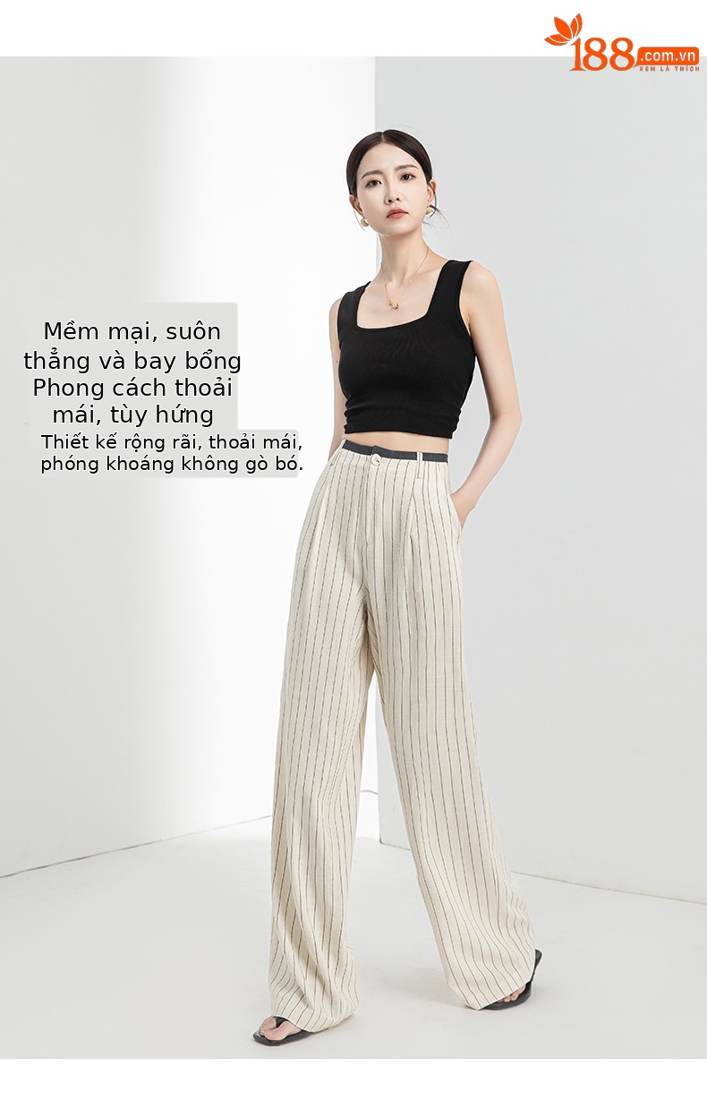 Quần culottes nữ ống rộng vải lanh sọc dọc, cạp cao phối màu, dáng suông thoáng mát — Vải gai sọc chi tiết 19
