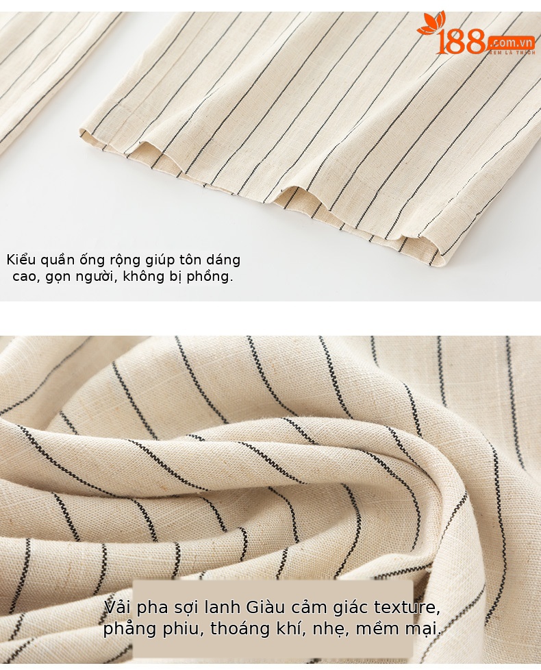 Quần culottes nữ ống rộng vải lanh sọc dọc, cạp cao phối màu, dáng suông thoáng mát — Vải gai sọc chi tiết 23