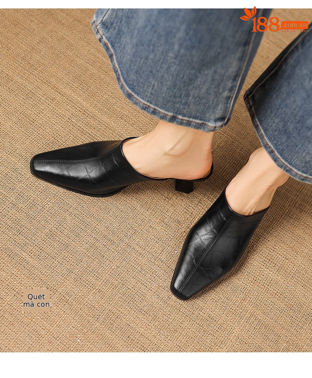 Dép sandal cao gót nữ mũi nhọn quai ngang da dê, gót 5 cm — đen chi tiết 14