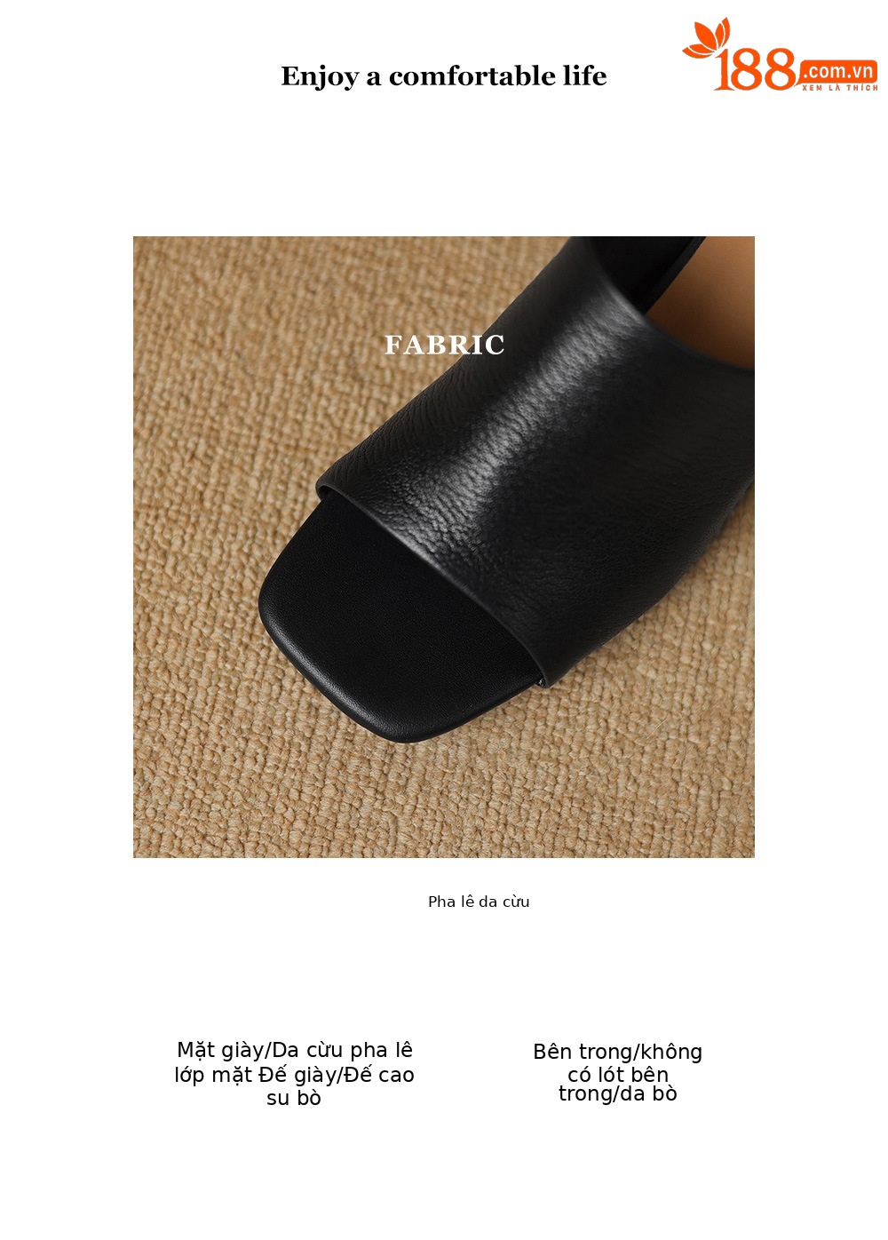 Sandal cao gót nữ mũi hở da cừu gót vuông 5 cm — đen chi tiết 3