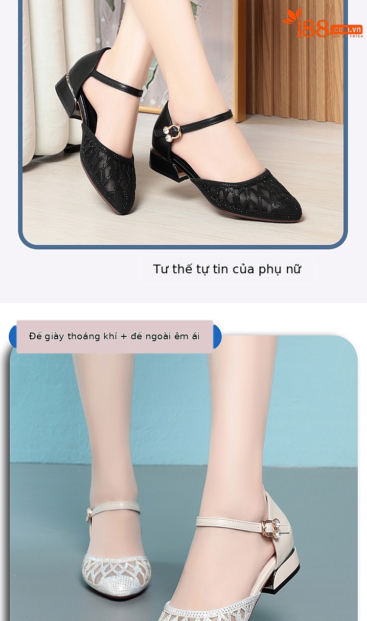 Giày cao gót nữ mũi kín gót vuông ổn định, da lưới thoáng khí, đế cao 6 cm — màu đen chi tiết 2
