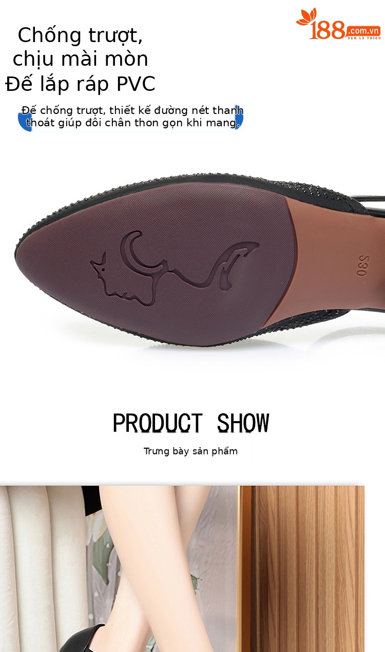 Giày cao gót nữ mũi kín gót vuông ổn định, da lưới thoáng khí, đế cao 6 cm — màu đen chi tiết 6