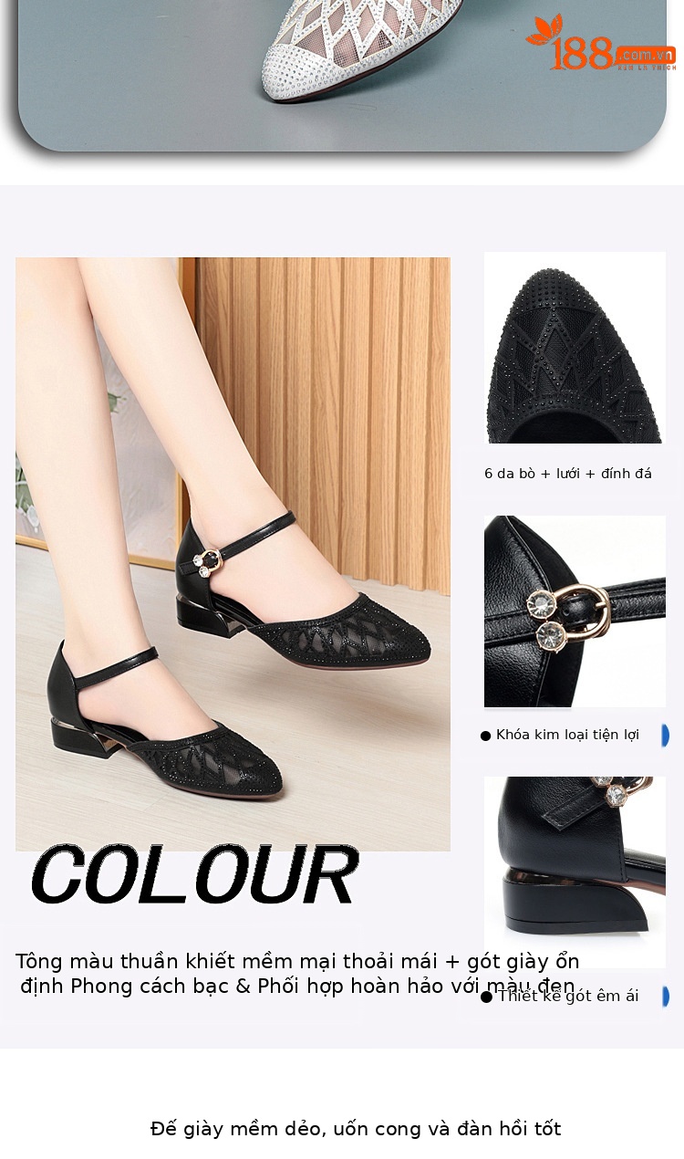 Giày cao gót nữ mũi kín gót vuông ổn định, da lưới thoáng khí, đế cao 6 cm — màu đen chi tiết 3