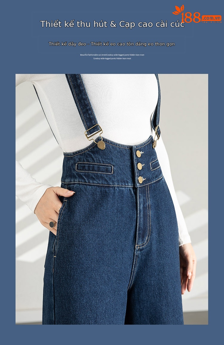 Yếm quần nữ denim ống rộng phong cách Hàn Quốc — xanh lam chi tiết 5