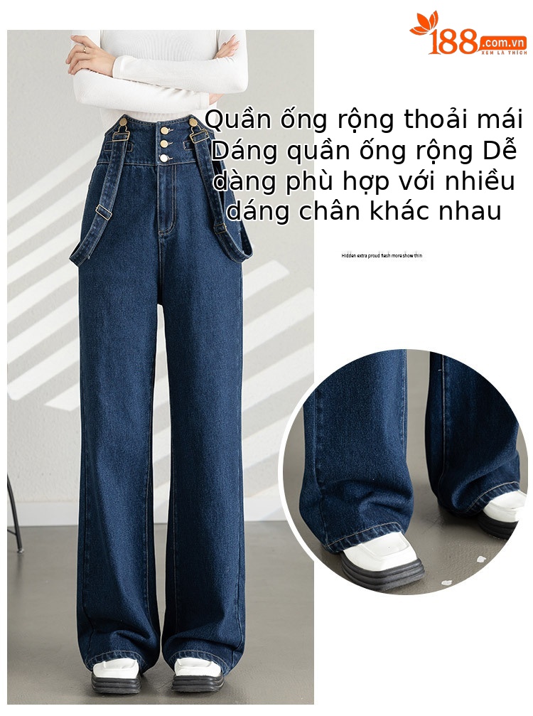 Yếm quần nữ denim ống rộng phong cách Hàn Quốc — xanh lam chi tiết 8