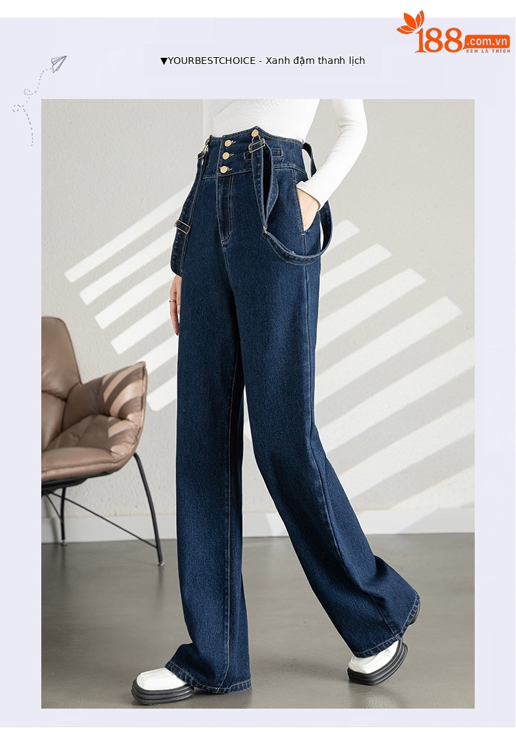 Yếm quần nữ denim ống rộng phong cách Hàn Quốc — xanh lam chi tiết 12