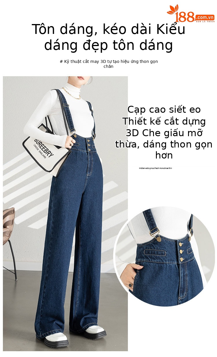 Yếm quần nữ denim ống rộng phong cách Hàn Quốc — xanh lam chi tiết 6